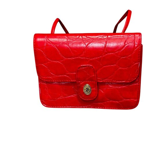 Red Faux Crocodile Embossed Shoulder Crossbody Bag With Gold Clasp By Ponte - Picture 3 of 13